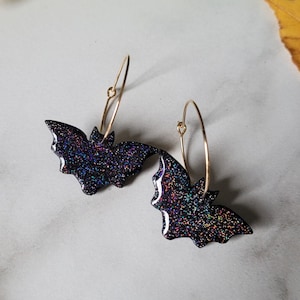 Holographic Bat Dangle Earrings, Polymer Clay Earrings, Rainbow Black Bat Earrings, Holographic Bat, Halloween, Handmade Statement Earrings