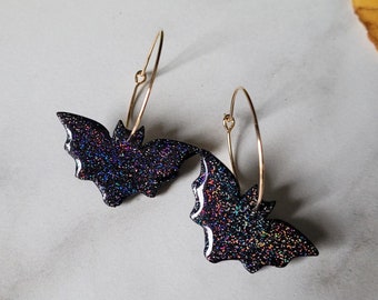 Holographic Bat Dangle Earrings, Polymer Clay Earrings, Rainbow Black Bat Earrings, Holographic Bat Earrings, Handmade Statement Earrings