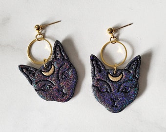 Holographic Cat Clay Earrings, Lunar Cat, Moon Cat, Holographic Clay Earrings, Halloween Earrings, Witchy Earrings, Spooky Jewelry, Handmade