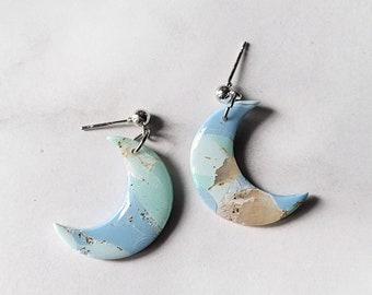 Blue Green Marble Crescent Moon Dangle Earrings, Celestial Earrings, Polymer Clay Moon Studs, Witchy Earrings, Translucent Blue Moons