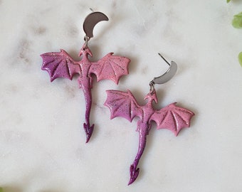 Glittery Pink Purple Ombre Dragon Polymer Clay Earrings, Moon Studs, Fantasy Earrings, Celestial, Fourth Wing, Medieval Jewelry, Book Lover