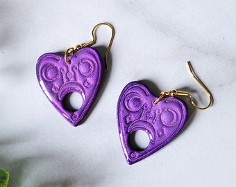 Purple Iridescent Ouija Planchette Clay Earrings, Ouija Earrings, Spooky Jewelry, Halloween, Witchy Earrings, Ouija Board Earrings