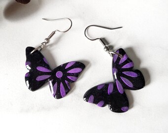 Purple Flower Butterfly Dangle Drop Earrings, Fairy Earrings, Polymer Clay Butterfly Earrings, Cottagecore Earrings, Monarch, Eras Earrings