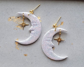 White Holographic Celestial Moon Dangle Earrings, Crescent Moon Earrings, Star and Moon Earrings, Glitter Moon Earrings, Witchy Earrings