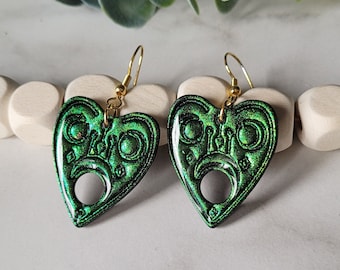 Green Iridescent Ouija Planchette Clay Earrings, Shimmery Green, Ouija Earrings, Spooky Jewelry, Witchy Earrings, Ouija Board Planchette