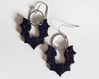 Holographic Bat Dangle Earrings, Polymer Clay Earrings, Rainbow Bat Earrings, Flying Bat Earrings, Spooky Season, Witchy Earrings, Black Bat