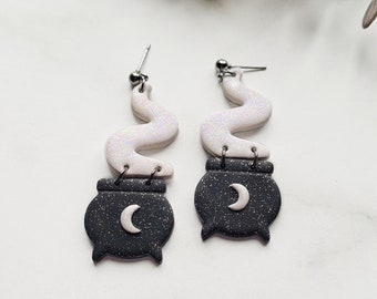 Black Glitter Cauldron Clay Earrings, Witch Cauldron, Witchy Earrings, Witches Brew, Moon Earrings, Halloween Earrings, Spooky Earrings