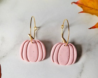 Speckled Pink Pumpkin Hoop Clay Earrings, Light Pink Pumpkins, Polymer Clay Earrings, Fall Autumn Earrings, Thanksgiving Dangles, Handmade