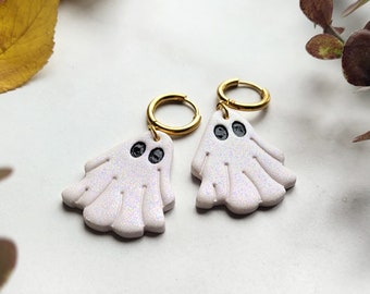 White Glitter Ghost Polymer Clay Earrings, Rainbow Glitter, Spooky Earrings, Fall Earrings, Witchy Earrings, Paranormal, Cute Ghosts