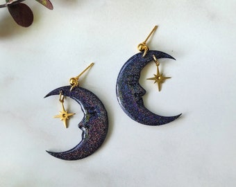 Black Holographic Celestial Moon Dangle Earrings, Crescent Moon Earrings, Star and Moon Earrings, Black Moon Earrings, Witchy Earrings