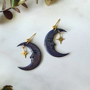 Black Holographic Celestial Moon Dangle Earrings, Crescent Moon Earrings, Star and Moon Earrings, Black Moon Earrings, Witchy Earrings