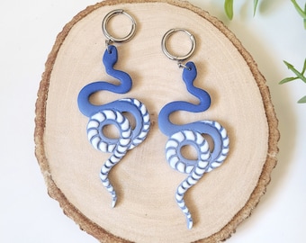 Blue Ombre Snake Polymer Clay Earrings, Serpent Earrings, Slithering Snakes, Boho Snake Jewelry, Witchy Earrings. Handmade, Snake Huggies