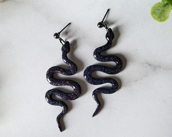 Black Holographic Snake Dangle Earrings, Snake Dangles, Serpent Earrings, Handmade Statement Earrings, Witchy Earrings