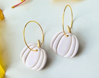 Glittery White Pumpkin Hoop Clay Earrings, White Rainbow Pumpkins, Polymer Clay Earrings, Fall Autumn Earrings, Shimmery Pumpkin Dangles