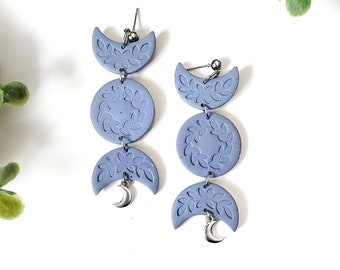 Dusty Periwinkle Blue Moon Phase Clay Earrings, Crescent Moon, Constellation, Celestial Earrings, Witchy Earrings, Astrology Jewelry