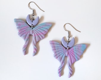 Lunar Moon Moth Clay Earrings, Fairy Earrings, Polymer Clay Butterfly Earrings, Cottagecore Earrings, Fairycore, Faerie, Handmade Earrings