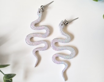 White Rainbow Holographic Snake Clay Earrings, Snake Dangles, Serpent Earrings, Polymer Clay Earrings, Witchy Earrings, Rainbow Glitter