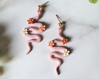 Pink Floral Snake Dangle Earrings, Snake Dangles, Flower Earrings, Serpent Earrings, Handmade Statement Earrings, Cottagecore, Witchy, Boho