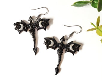 Flying Dragon Earrings, Glittery Black Dragons, Moon Dragon Dangles, Fantasy Earrings, Celestial, Fourth Wing, Medieval Jewelry, Book Lover