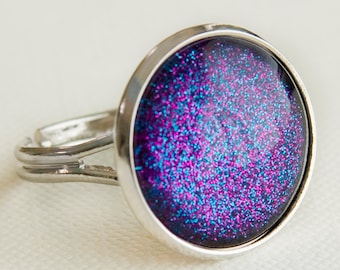 Disco Ring in Silver - Purple & Blue Glitter Ring