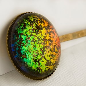 Autumn Leaves Large Round Hair Pin - Green, Yellow, Orange, Blue Holographic
