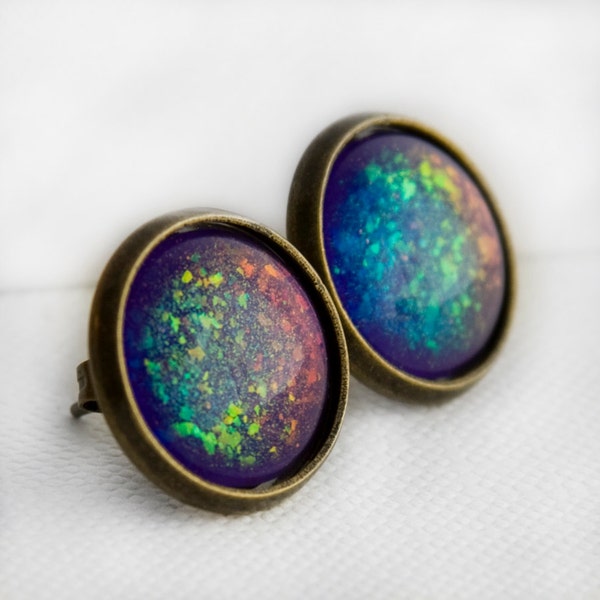 Supernova Post Earrings in Antique Bronze - Purple & Rainbow Holographic Earrings