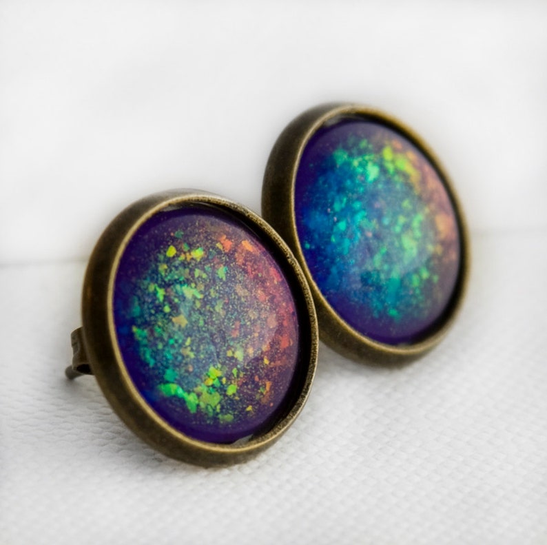 Supernova Post Earrings in Antique Bronze Purple & Rainbow Etsy