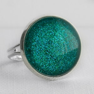 Mermaid Tears Ring in Silver Turquoise Blue Green Glitter Cocktail Ring image 2