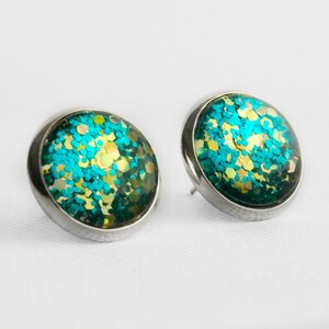 Electric Glitter Post Earrings in Silver Turquoise Blue Glitter and Holographic Yellow Hexagonal Glittery Stud Earrings image 1