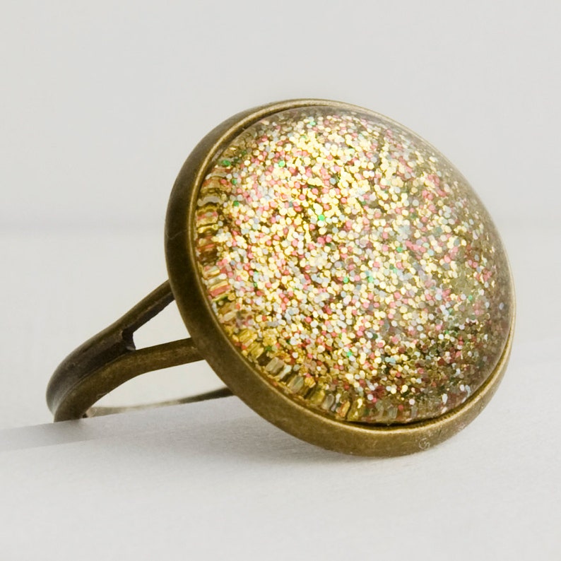 Golden Treasure Ring in Antique Bronze Glittery Gold & Multicolor Sparkling Glass Ring image 3