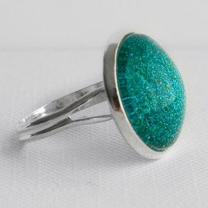 Mermaid Tears Ring in Silver Turquoise Blue Green Glitter Cocktail Ring image 3