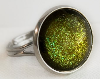 Zombie Ring in Silver - Olive Moss Green Glitter Cocktail Ring