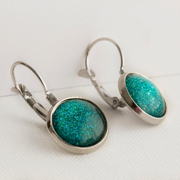 Mermaid Tears Leverback Earrings in Silver - Turquoise Blue Green Glitter Dangle Earrings