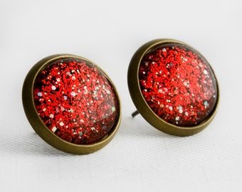 Glittery Red Silver Stud Earrings in Antique Bronze, Glittery Red Statement Earrings, Christmas Earrings, Holiday Gifts, Gifts for Her