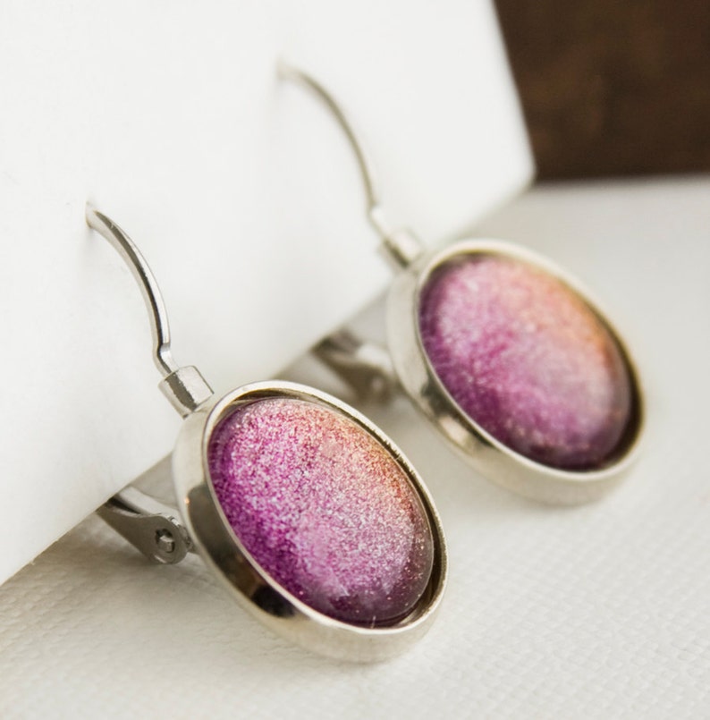 Starlight Leverback Earrings in Silver Pink, Orange, Yellow Color Shifting Shimmer Dangle Earrings image 2