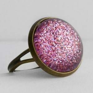 Pink Glitter Ring in Antique Bronze - Pink, Purple & Fuchsia Glitter Ring
