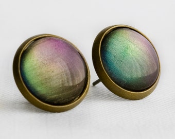 Aurora Borealis Post Earrings in Antique Bronze - Purple, Green, Blue Color Shifting Stud Earrings