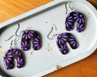 Purple Flower Arch Dangle Drop Earrings, Fairy Earrings, Polymer Clay Daisy Earrings, Cottagecore Earrings, Floral Earrings