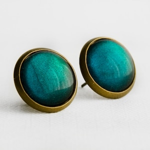 Teal Pine Post Earrings in Antique Bronze - Teal Green Color Shifting Stud Earrings