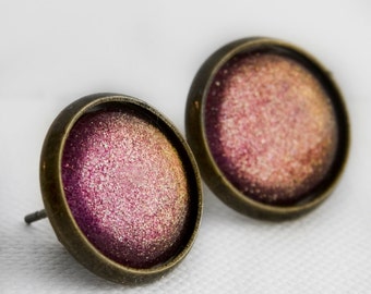 Starlight Post Earrings in Antique Bronze -Pink, Orange, Yellow Color Shifting Shimmer Earrings