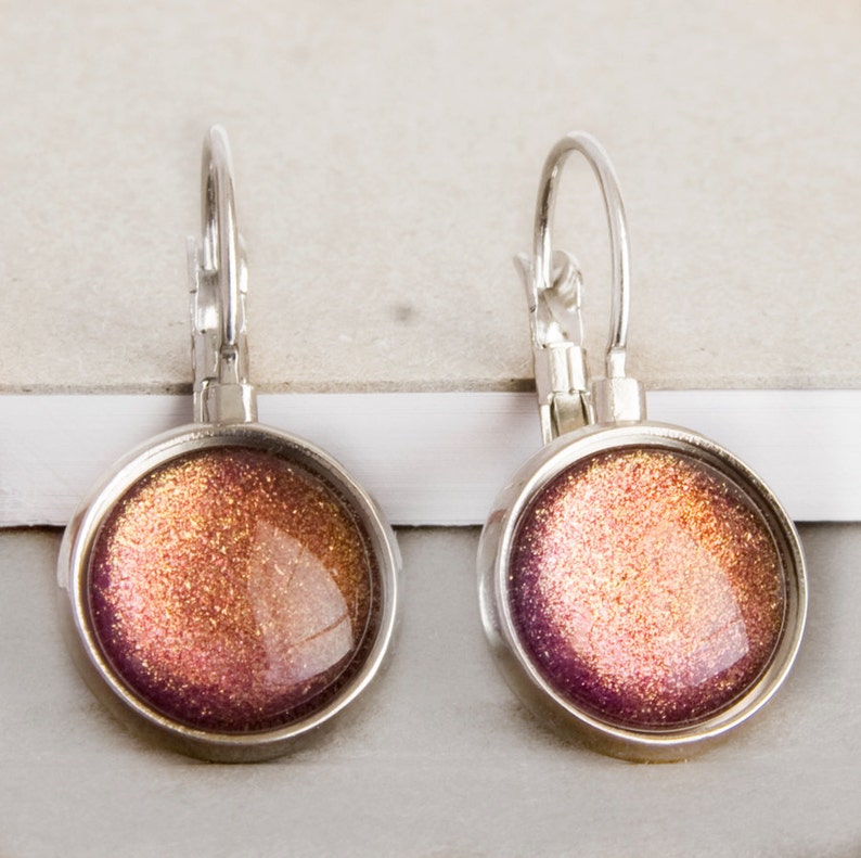 Starlight Leverback Earrings in Silver Pink, Orange, Yellow Color Shifting Shimmer Dangle Earrings image 5