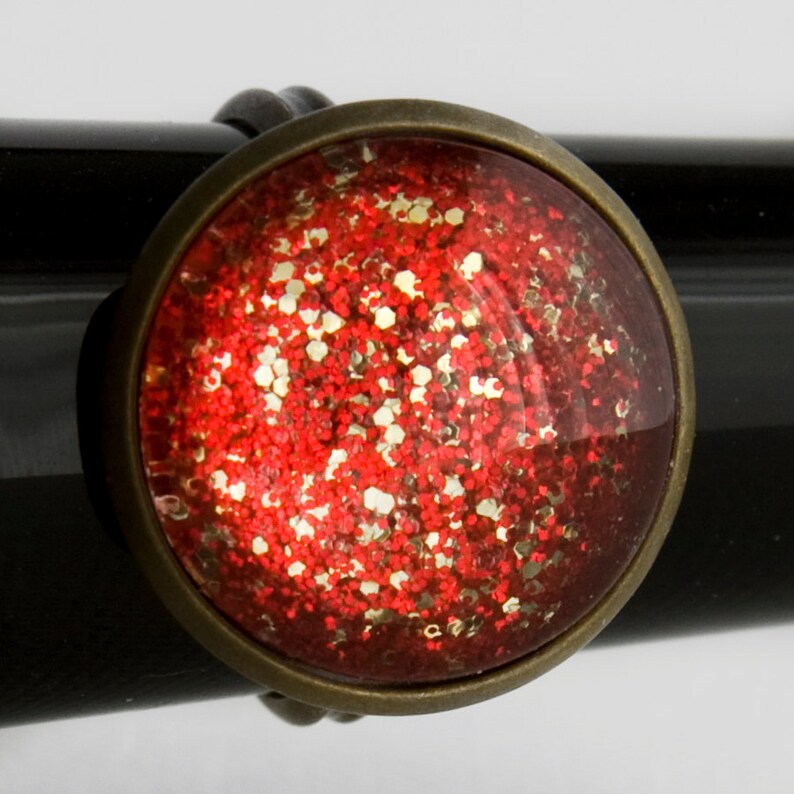 Red and Gold Glitter Ring in Antique Bronze Glittery Bright Etsy