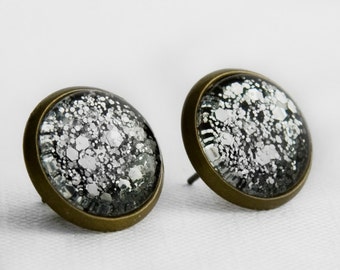 Chunky Silver Glitter Post Earrings in Antique Bronze - Black with Silver Small and Large Hexagonal Glitter Stud Earrings