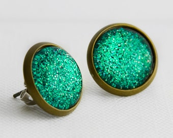 Turquoise Waters Post Earrings in Antique Bronze - Turquoise, Green, Yellow Glittery Stud Earrings, Mermaid Earrings, Fake Gauges