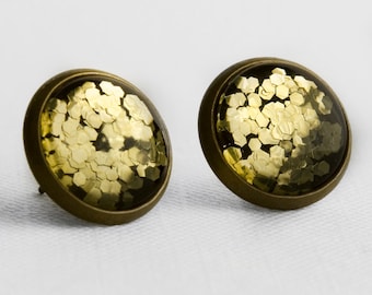 Gold Chunky Glitter Post Earrings in Antique Bronze - Bright Gold Mixed Hexagonal Glitter Stud Earrings