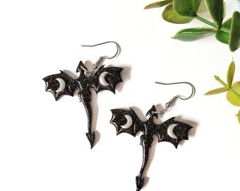 Flying Dragon Earrings, Glittery Black Dragons, Moon Dragon Dangles, Fantasy Earrings, Celestia, Fourth Wing, Medieval Jewelry, Book Lover