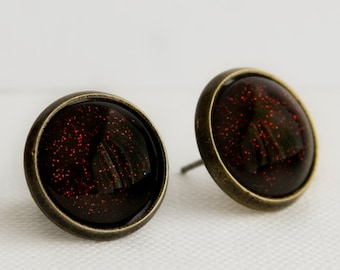 Vampiress Post Earrings in Antique Bronze - Ruby Red and Black Glitter Halloween Stud Earrings