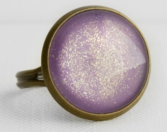Amethyst Shimmer Ring in Antique Bronze - Lavender Purple Cocktail Ring with Gold Shimmery Sparkles