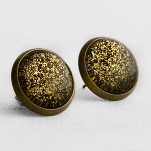 Golden Bronze Post Earrings in Antique Bronze - Gold Amber Black Glitter Stud Earrings