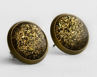 Golden Bronze Post Earrings in Antique Bronze - Gold Amber Black Glitter Stud Earrings